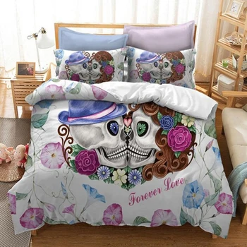 

BEST.WENSD king bedding sugar skull bed sets queen size Jacquard Rose Skul bedcover sets 100% Microfiber Fabric Duvet Cover Set