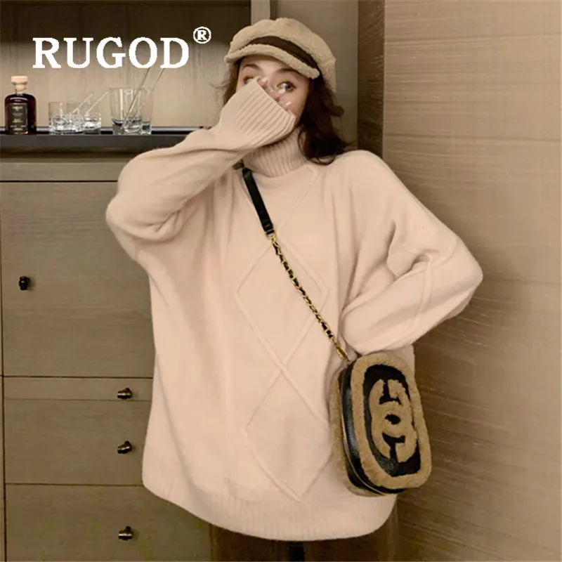 RUGOD свитер с воротником под горло, пуловер с узором диоманда, однотонный джемпер, зимние топы для женщин, трикотаж размера плюс, корейский стиль, средняя длина