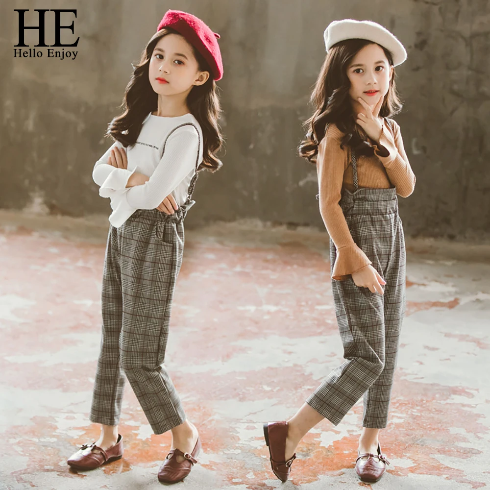 

HE Hello Enjoy Children Girls Autumn Suits 2019 New Style Kids Flare Sleeve Top + Striped Strap Trousers 2pcs Clothes Kid Sets