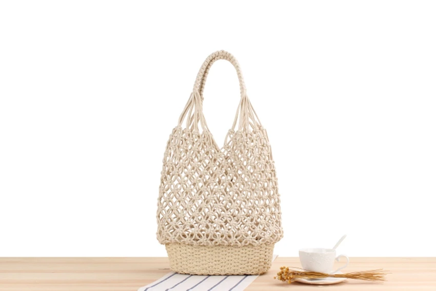 H4f5f55791f1e4afeac8f0119a323532ce - New Hollow Shoulder Woven Bag Handmade Mesh Straw Bag Sweet Lady Fashion Portable Leisure Travel Vacation Beach Bag