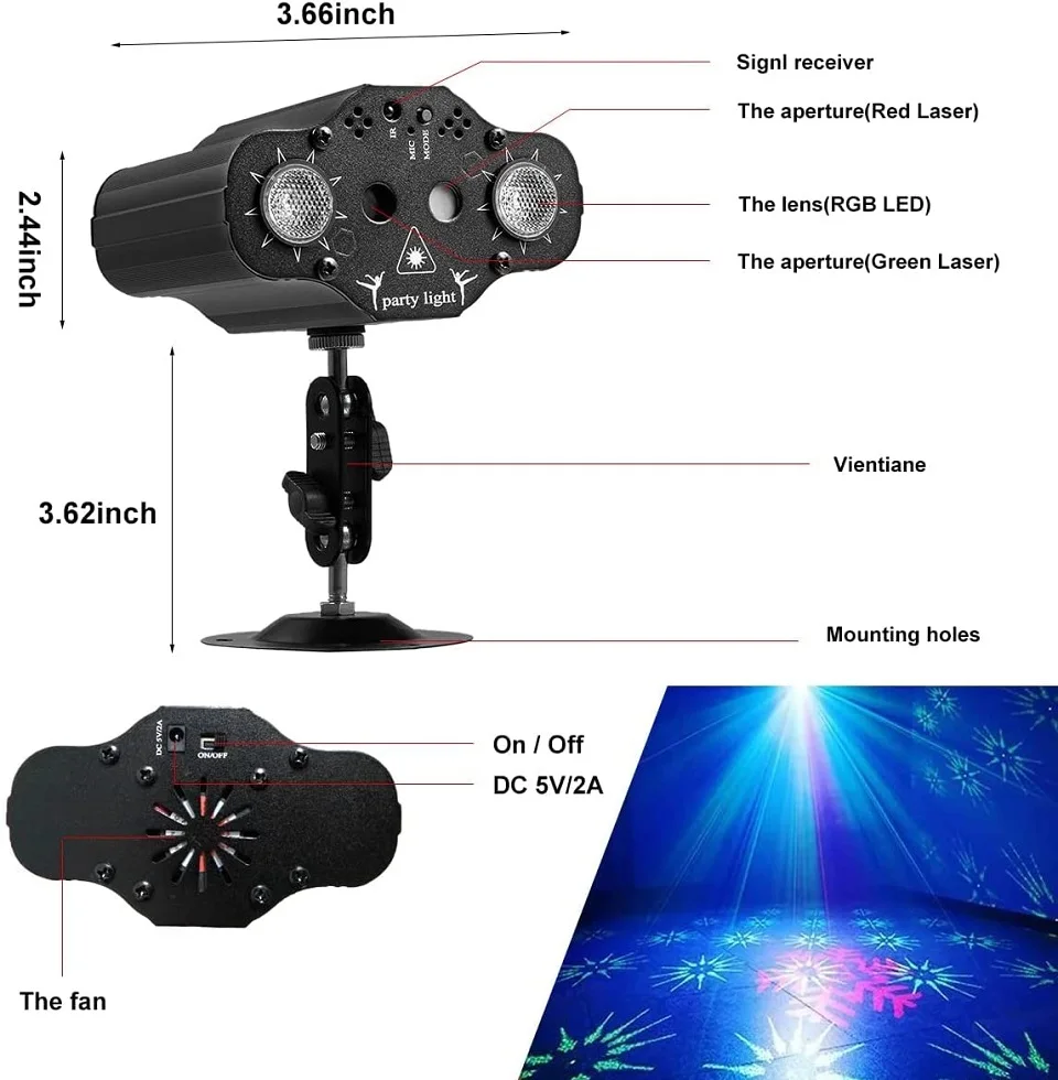 Stage DJ Party Laser Projector Disco Voice Controlled Red Green Blue Strobe Lights Club Family Holiday Christmas Lights