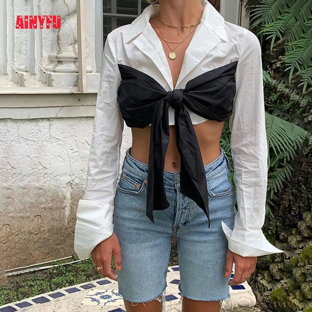 

Button Cuff Knitted T Shirts Womens Patchwork Front Tie Turn-down Collar Sexy Crop Tops Femme Long Sleeve Solid Ladies clothes