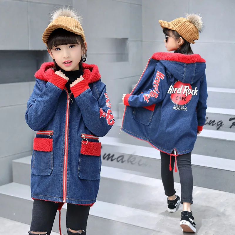 Красный letters red fleece girls denim jacket winter thermal kids jean coat fall spring children's clothing - Цвет: Красный