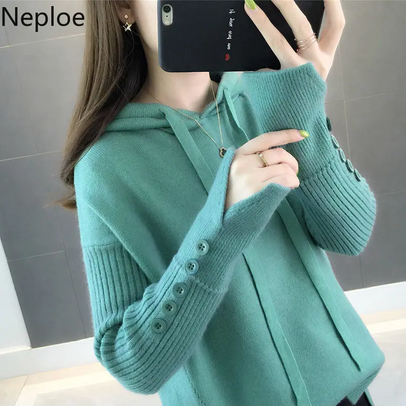 

Neploe Korean Loose Crazy Style Hooded Bottom Sweater Solid Button Student Knit Pullovers Autumn Wild Pull Femme Hiver 46016
