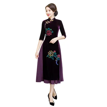 

Sexy Oversize Female Valour Cheongsam Chinese Style Casual Dress Vintage Half Sleeve Flower Qipao Mid Length Slim Vestidos