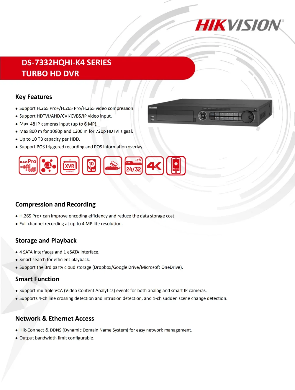 Hikvision видеорегистратор для видеонаблюдения DS-7332HQHI-K4 32 CH 1080P 1.5U H.265 DVR до 48 сетевых камер 4 интерфейса SATA
