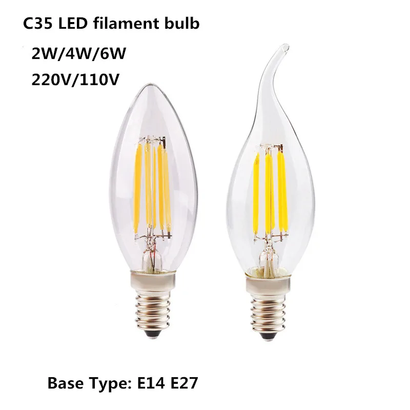 

E14 E27 LED Filament Bulb Edison Retro Candle Light 2W/4W/6W Warm/Cold White AC220-240V 360 Degree C35 Chandelier Lamp