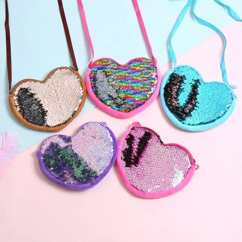 Monedero con lentejuelas de moda para chico y niña, cartera con corazón de amor, bolso de mano