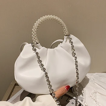 

Fashion Pearls Handle Women's Handbag Luxury Solid Color Shoulder Bag Female Designer Diamond Chain Crossbody Bags for Women 202