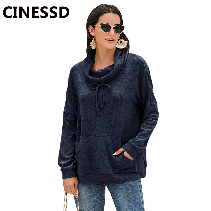 

CINESSD 2020 Autumn Winter Casual Solid Hoodies Women Navy Blue Long Sleeve Pullover Fleece Tops Plush Pocket Lace Up Sweatshirt