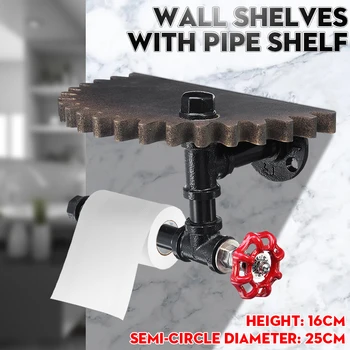 

Toilet Roll Holder Multifunction Retro Style Iron Pipe Wall Mount Paper Towel Rack with Wooden Storage Shelf Retro Bathroom Rack