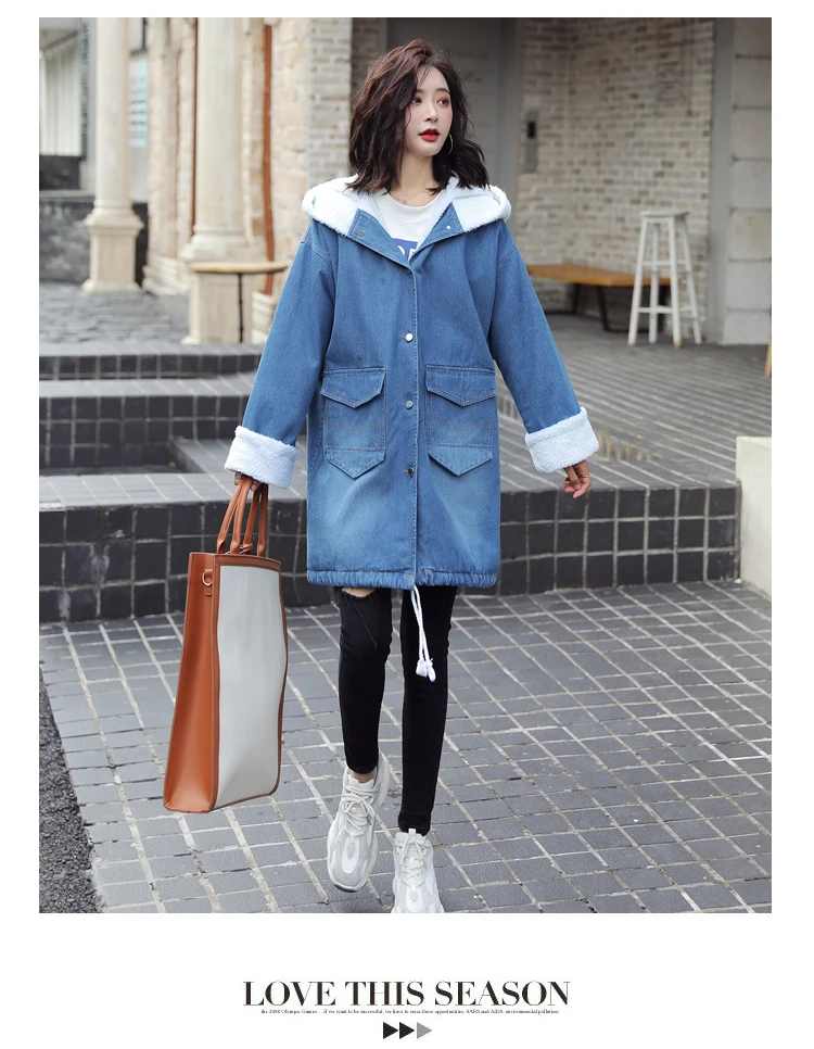 Корейский размера плюс 4XL заплатка "медведь" овечья шерсть джинсовая куртка с капюшоном для женщин зима вышивка однобортное толстое Свободное пальто