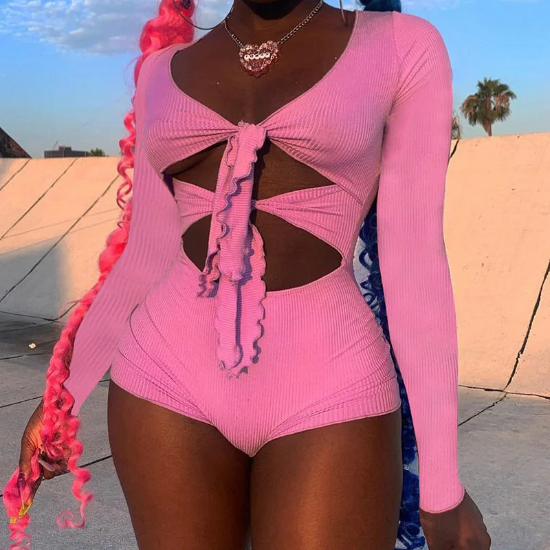 

2021 Lace-up Hollow Out Lady Cute Sweety Playsuits Pink Long Sleeve Edible Tree Fungus Bodycon High Waist Rompers Streetwear New