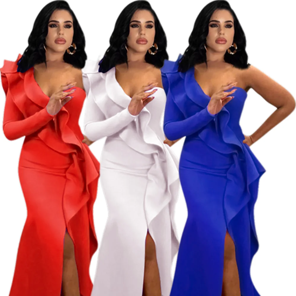 Женское вечернее платье макси красное элегантное облегающее на одно плечо с