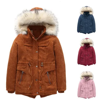 

Winter Cotton plus Velvet Girls'cotton-padded Clothes Corduroy Fur Collar Hooded Mid-length Children Warm Coat