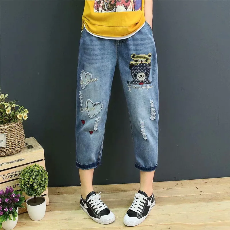 

Jeans Retro literary applique bear embroidery wash casual loose nine points women's jeans elastic waist pants f5940