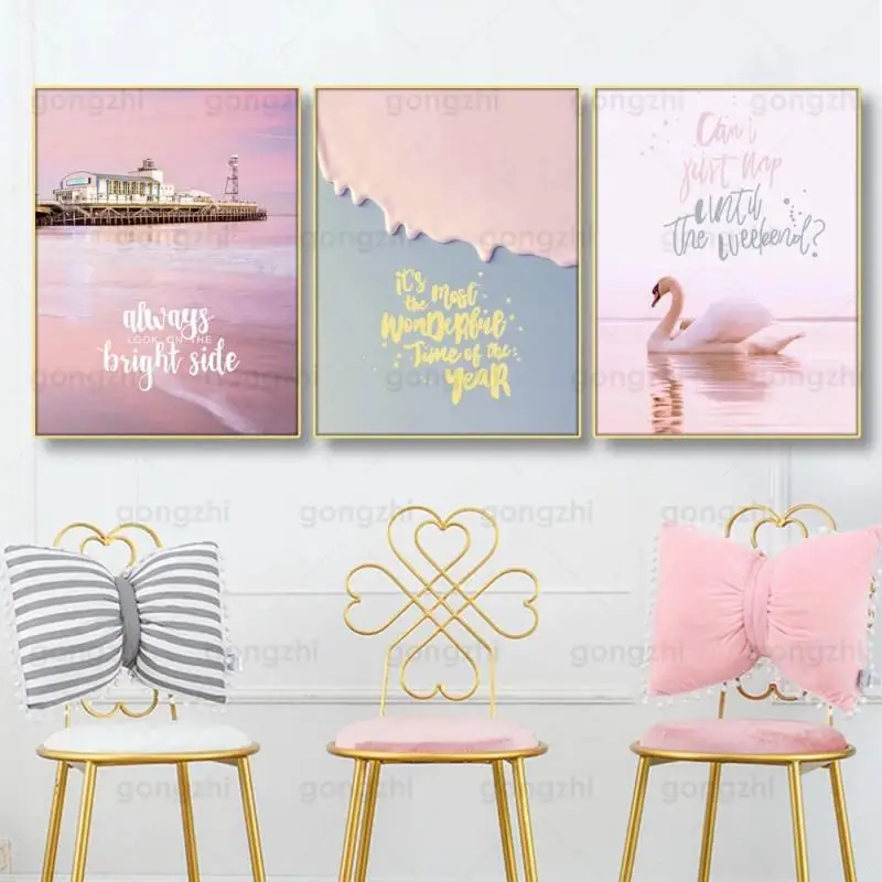 Nordic Pink Home Decoration Swan Lake View Simple Light Luxury Frameless Canvas Hd Printing Poster Personalizzato
