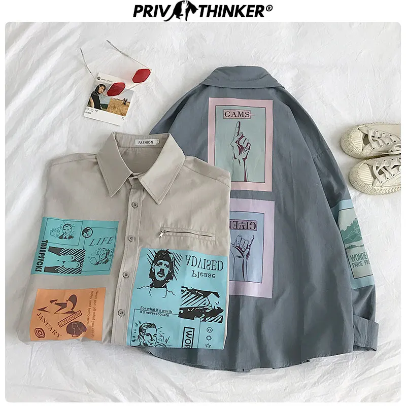  Privathinker Woman Print Collage Blouses Turn-down Collar Shirt Female 2019 Korean Streetwear Shirt