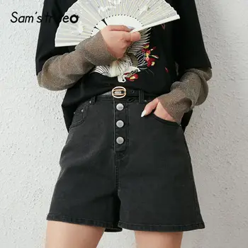 

SAM'S TREE Black Solid High Waist Washed Casual Denim Short Jeans Women 2020 Summer Chic Button A Line Korean Girly Daily Bottom