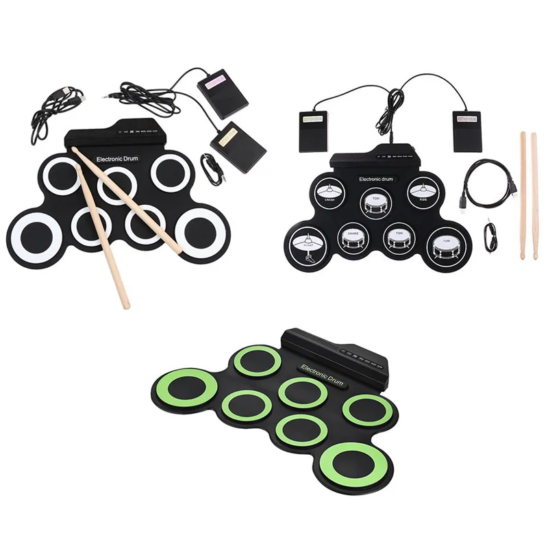 

Portable Electronic Drum Digital USB 7 Pads Roll up Drum Set Silicone Electric Drum Pad Kit With DrumSticks Foot Pedal