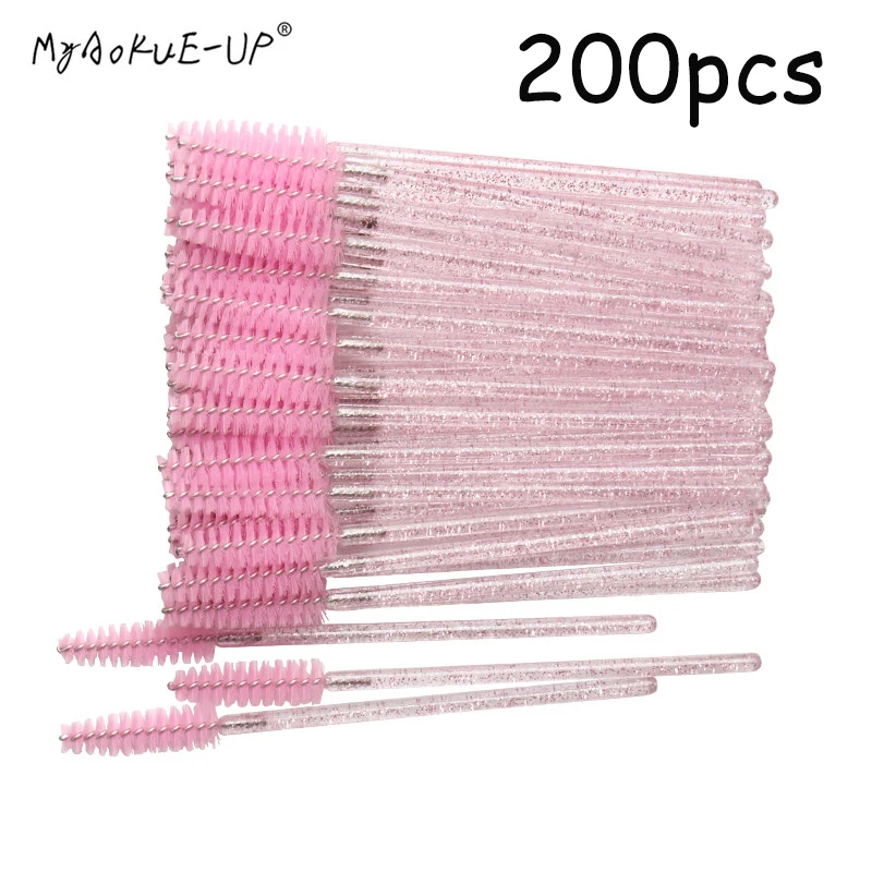200pcs 200 шт./лот, одноразовая нейлоновая тушь для ресниц, палочка, аппликатор, кристальная ручка, кисть для ресниц, для наращивания ресниц, инструменты для макияжа, розовые кисти - Handle Color: 200pcs