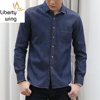 

New Men Denim Shirts Long Sleeve Soft Cotton Slim Fit Jeans Cowboy Social Camisa Masculina Mens Clothing