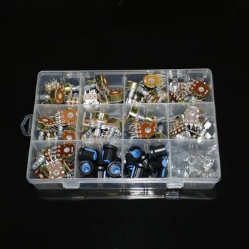 

45pcs/lot potentiometers kit 3pin WH148 Linear B1K/2K/5K/10K/20K/50K/100K/500K/1M with knobs dual potentiometer set Shaft Nuts