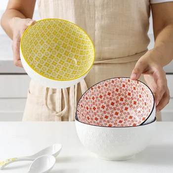 

6 Inch Bowl Ceramic Pattern Relief Noodle Rice Soup Dessert Tableware Embossed Non-slip CZY1005