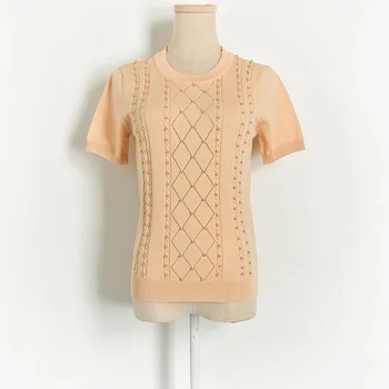 

Summer New Beaded niu sheng Twist Thin Short-Sleeved Sweater Blouse