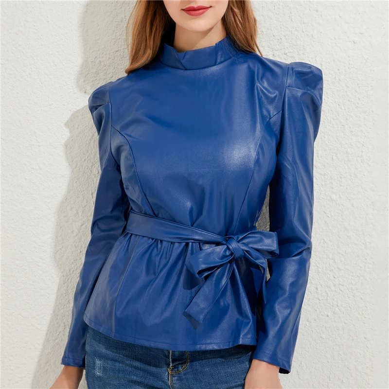 long down coat Turtleneck Pu Leather Ladies Blouse High Street Puff Sleeve Shirts Autumn Solid Sashes Back Zipper Pullover Fashion Female Shirt long puffer coat womens