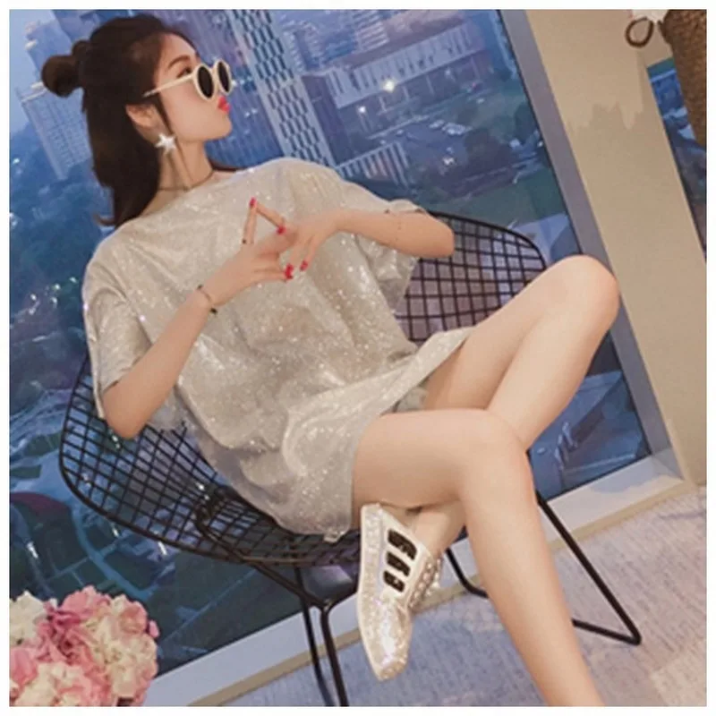 Female Round Neck Chiffon Shirt 2020 Spring Summer Sleeves Casual Solid Color Women Bright Silk Mid-length Loose Tops Girl |