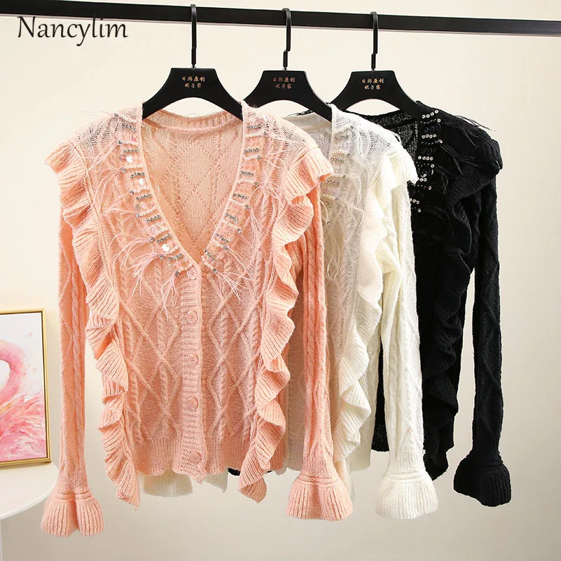 

2019 Autumn Winter Cardiagn Sweater Coat Woman Sequins Beads Loose V-collar Knitted Cardigan Horn Sleeved Jumper Femme Cardigans