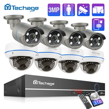 Techage 8CH HD 3MP POE NVR Security Camera System Audio Recorder Human Detect Outdoor Indoor CCTV