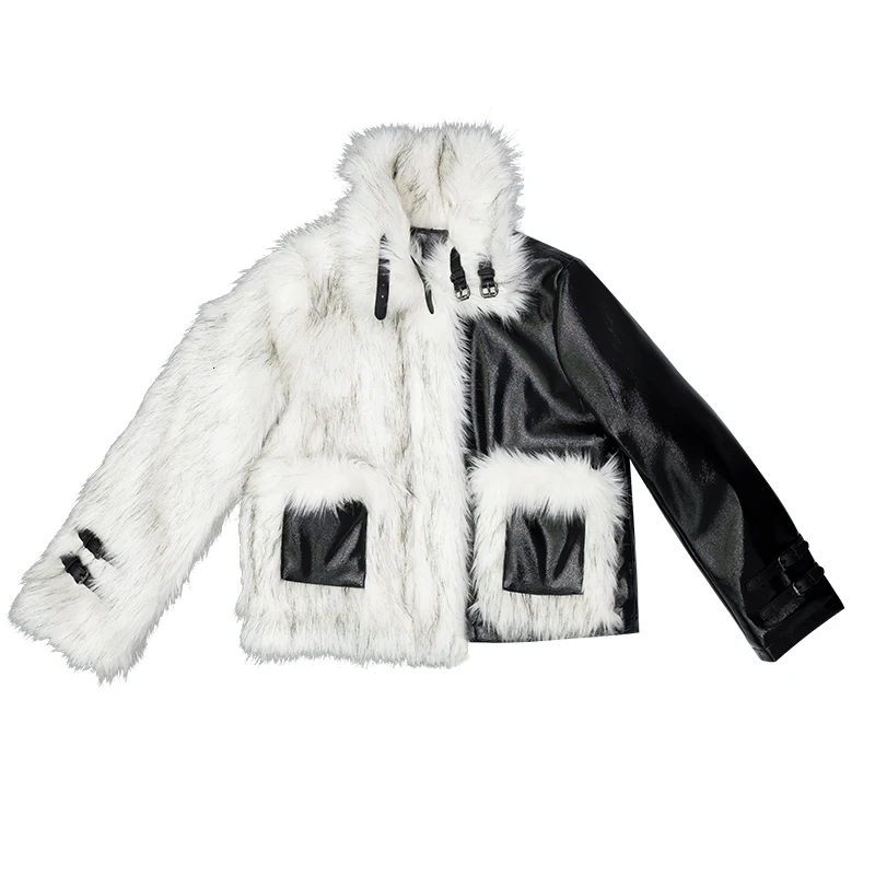 [DEAT]Loose Fit Leather Spliced Hit Color Warm Woolen Coat Parkas New Lapel Long Sleeve Women Fashion Autumn Winter 13E858 - Цвет: White
