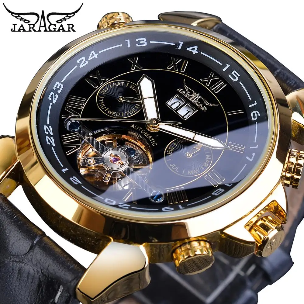 Jaragar Brand Reloj Men Mechanical Watch Tourbillon Golden Date Black Genuine Leather Belt Male Automatic Watches Christmas Gift