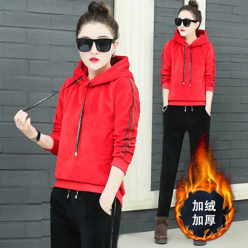 

Women Winter Thick Velvet Sport Suit Stripe Printed Hoodie Sweatshirt+pant Casual Jogger Running Outfit Set Sportswear Tracksuit