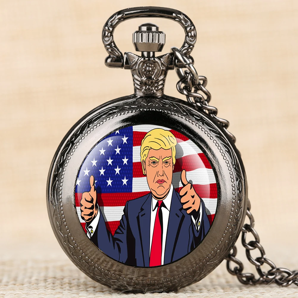 Новые кварцевые карманные часы с рисунком Трамп для мужчин, разборчивые арабские цифры, Женские аксессуары, Твердый Чехол, ожерелье с подвеской