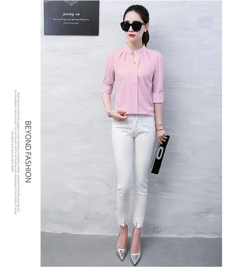 New Spring Autumn Tops Women Slim Pink Shirts Casual Long Sleeve V-Neck Solid Blouse Fashion Womens Chiffon Work Blouses