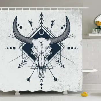 

Shower Curtain Set with Hooks 66x72 Bull Skull Tribal Rock Tattoo Engraving Abstract Graphic Skeleton Occult for Technique