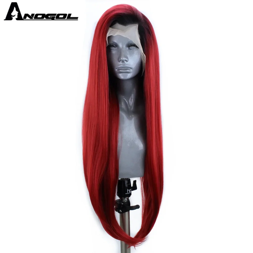 Аногол темные корни Омбре Красный синтетический кружевной передний парик с