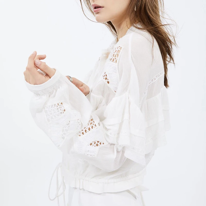 MIAOQING Ruffled patchwork shirt for women O cutouts with long sleeves and bow bandages for summer