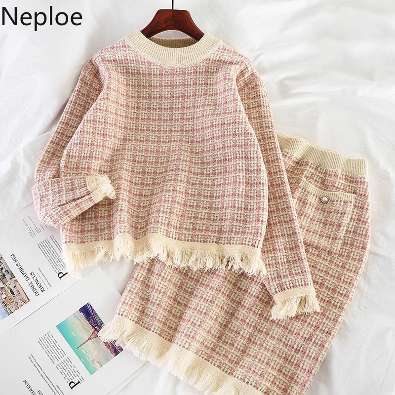 Neploe Small Fragrance Conjuntos De Mujer Pink Plaid Short Sweater + High Waist Hip Skirt 2 Pcs Women Set Autumn Winter 46776 | Женская