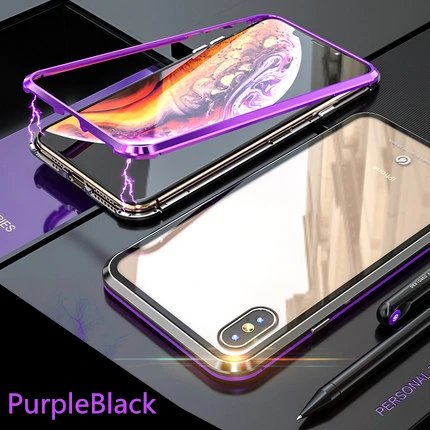 Mzxtby двойное стекло в рамке магнитное притяжение чехол для IPhone 11 X Xr Xs Max 6 6s 7 8 Plus Pro Max ударопрочный чехол - Цвет: PurpleBlack