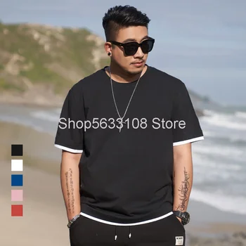 

T1651 Fat Man Solid Color Splicing Short Sleeve