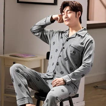 

Autumn Pajamas Lapel Long-sleeved Trousers Cotton Pajamas Lapel Comfortable and Soft Cotton Men's Two-piece Home Clothes