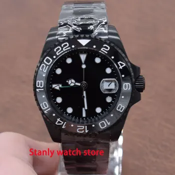 

Sapphire crystal Parnis 40mm black dial luminous marks ceramic bezel pvd coated case GMT function automatic movement mens watch