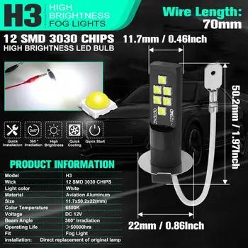 

2pcs LED Fog Light Bulb LED Bulb 3030 SMD 6000K Car Fog Light Driving Lamp H3