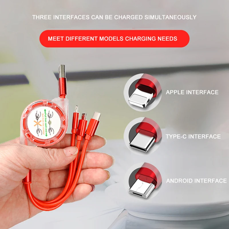 

Crystal One For Three Telescopic Data Lines Android Type-c Three-in-one Mobile Phone Usb Charging Cable