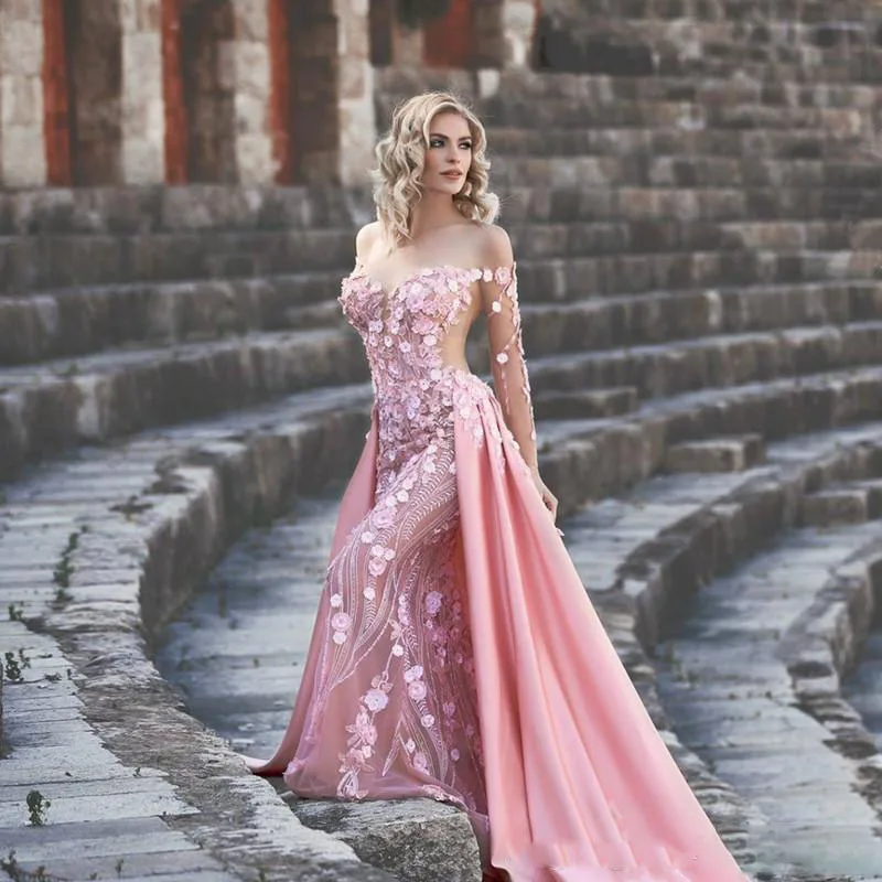 Evening Dresses Pink Mermaid 3D Flowers Dercation Lace Appliques Detachable Train Bridal Gowns Illusion Long Sleeve High Quality Dresses