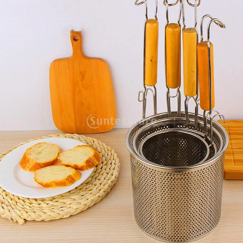 Stainless Steel Noodle Food Strainer With Hook And Wooden Handle